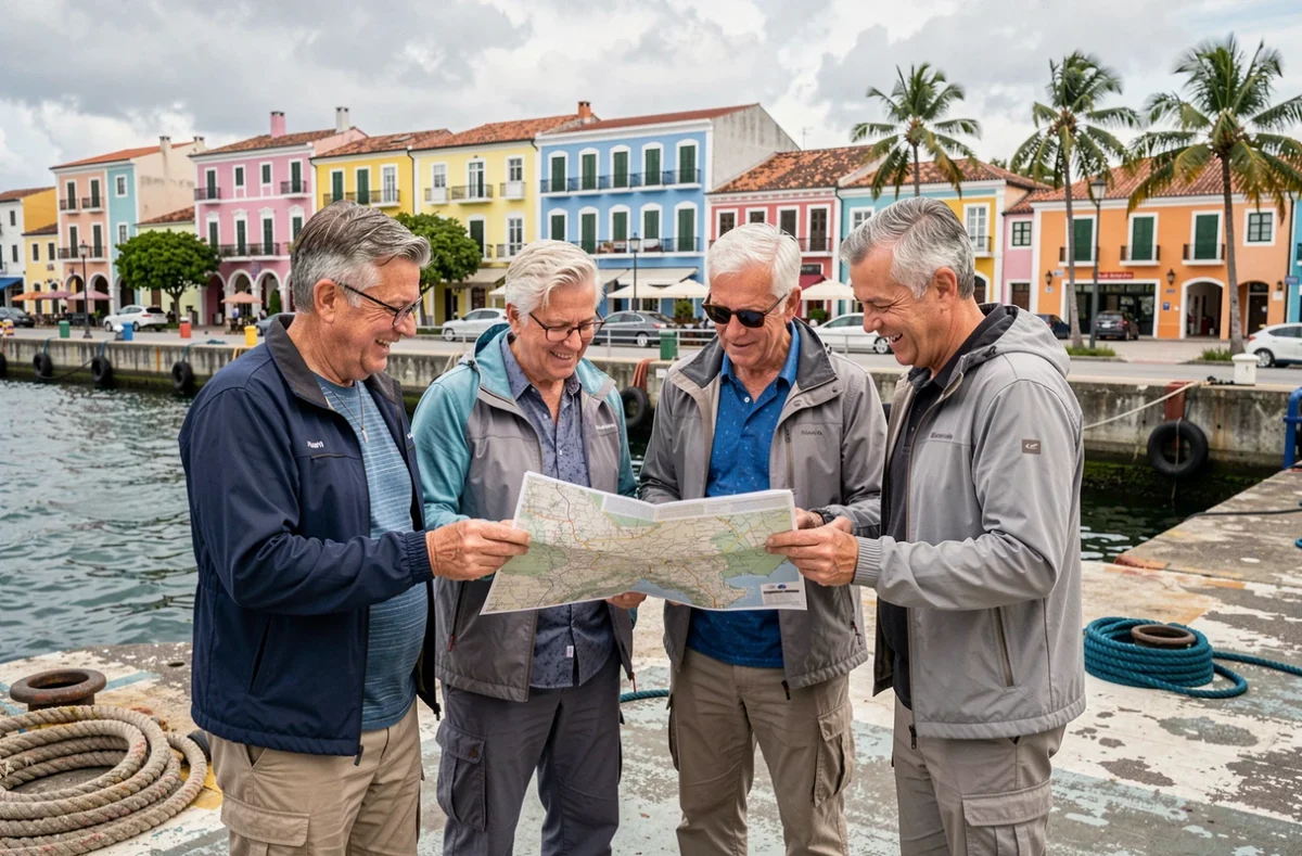 Groupe de passagers en excursion à terre lors d'une escale de croisière tour du monde dans un port tropical