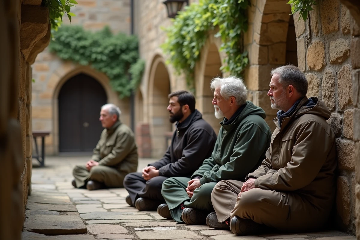 Groupe de personnes priant dans la cour de labbé