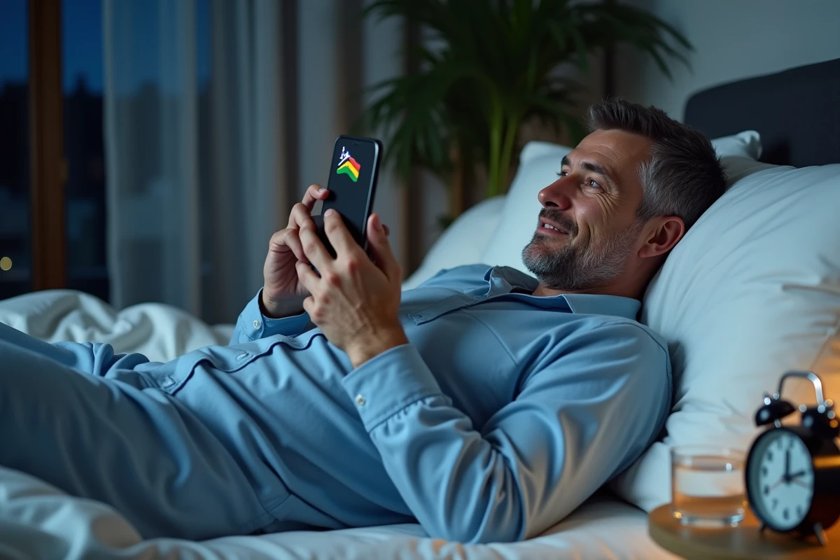 Homme passant un appel téléphonique depuis son lit la nuit en tenant compte du décalage horaire avec La Réunion