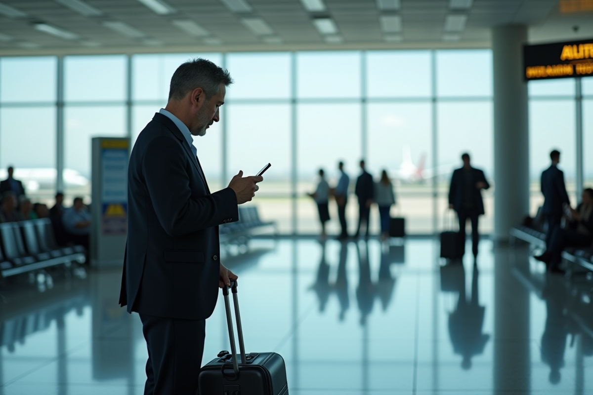 Homme d affaires vérifiant son smartphone dans un aéroport animé