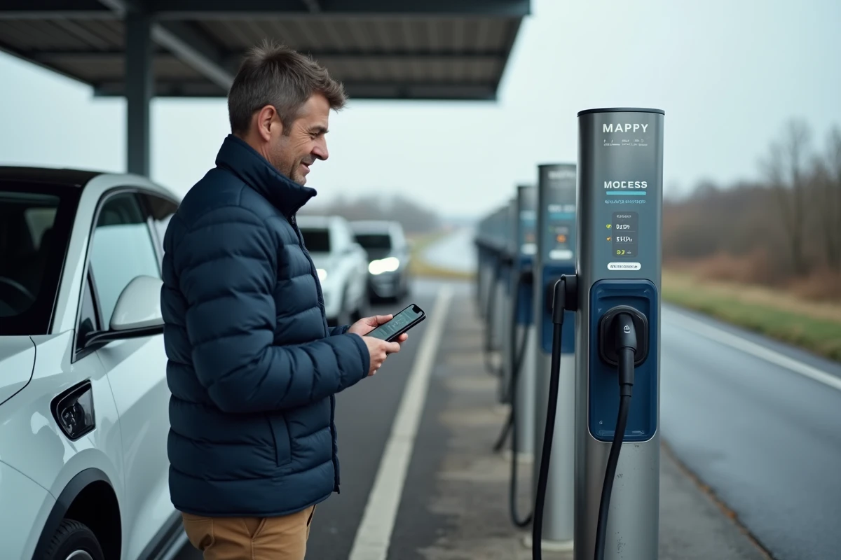 Homme debout à une borne de recharge rapide d'autoroute consultant l'application Mappy sur smartphone pour gérer l'autonomie