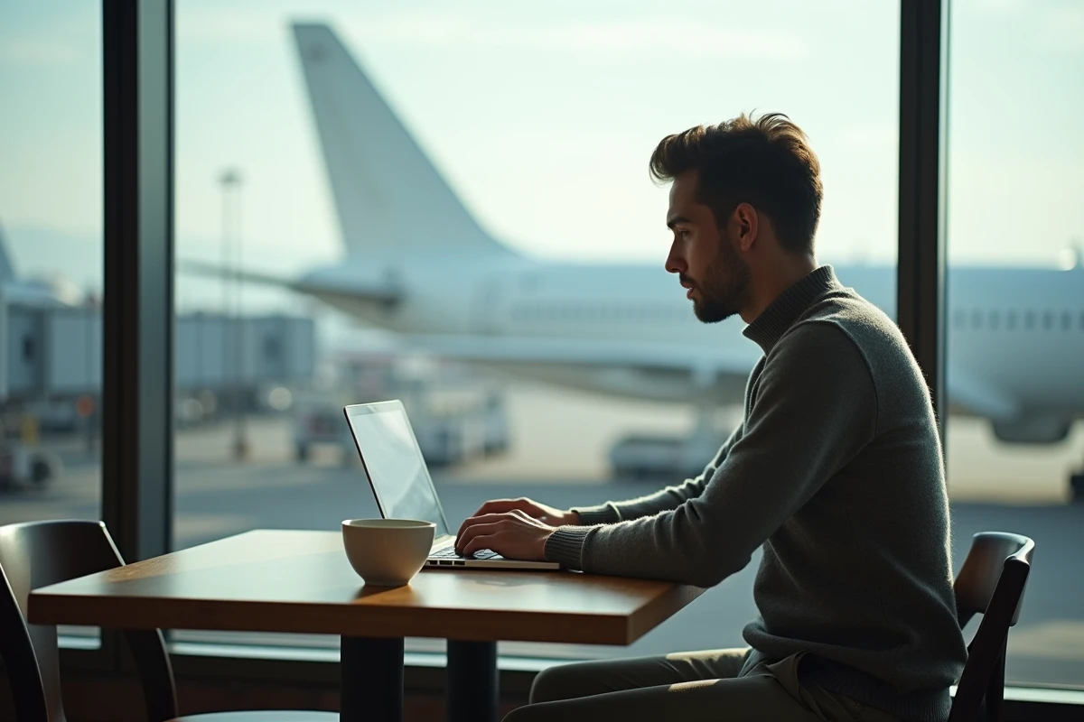Homme au café utilisant un ordinateur pour suivre un vol