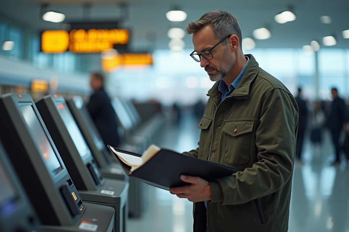 Homme vérifie ses documents de voyage à un kiosque d