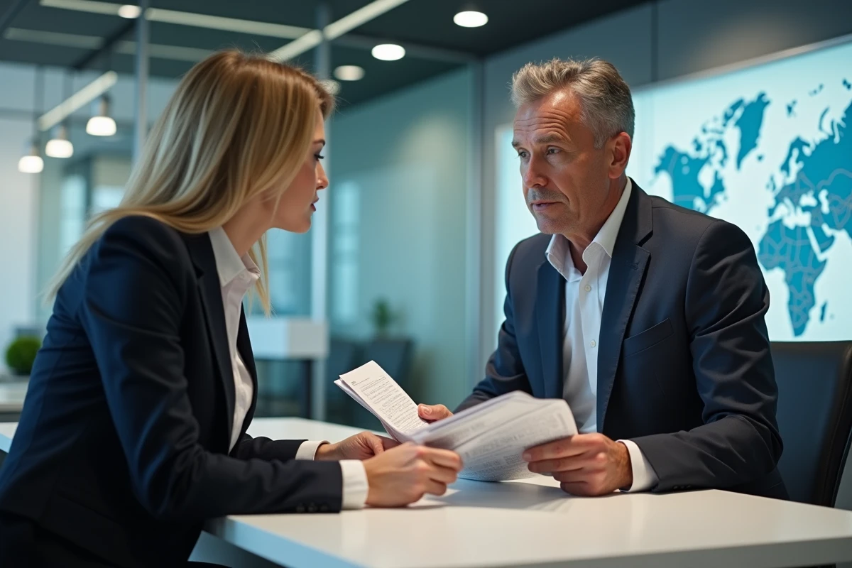 Homme en costume discutant avec un agent de voyage dans un bureau