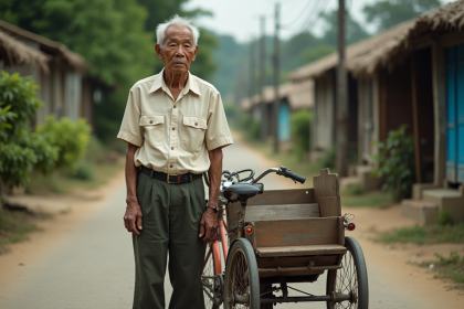 Homme filipino âgé avec tricycle vintage en plein air