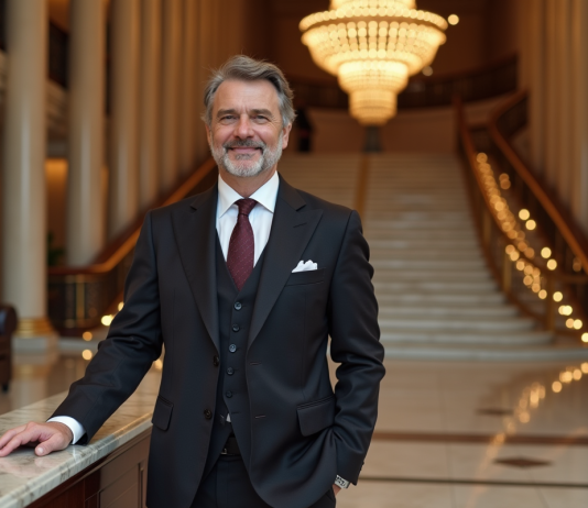 Hôtel le plus cher du monde: classement exclusif des établissements luxueux Homme en costume élégant dans un lobby luxueux d'hôtel