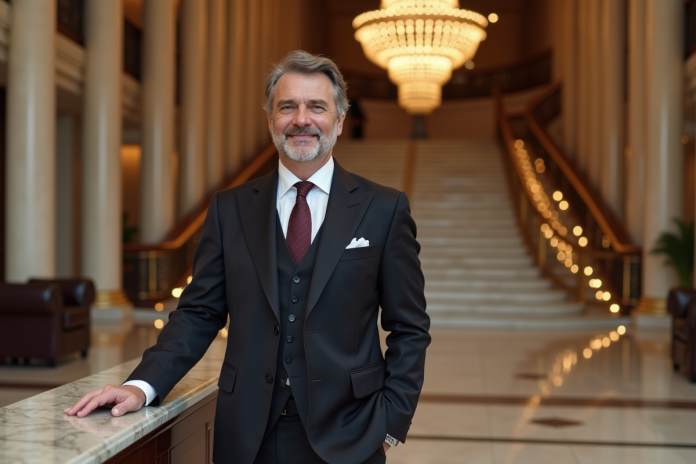homme-elegant-hotel-lobby Homme en costume élégant dans un lobby luxueux d'hôtel