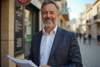 Homme méditerranéen souriant avec documents à Gibraltar