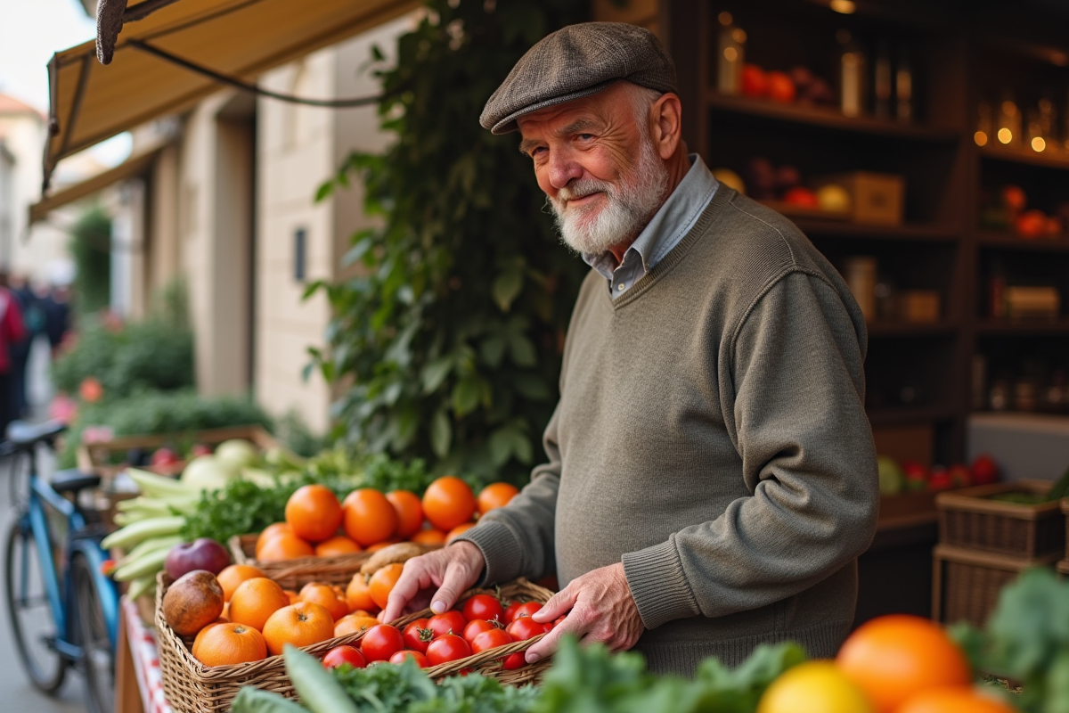 Homme âgé achetant des légumes au marché local