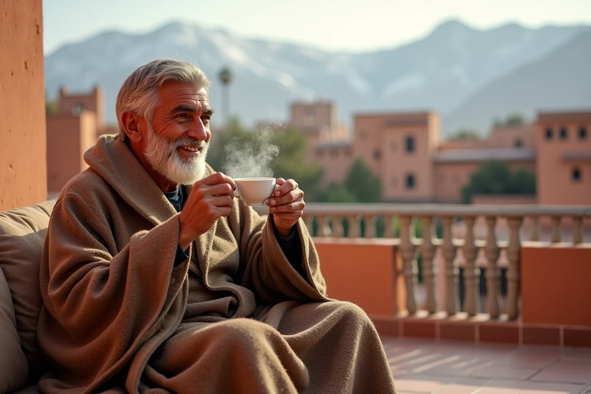 Homme marocain souriant avec thé à la menthe sur terrasse