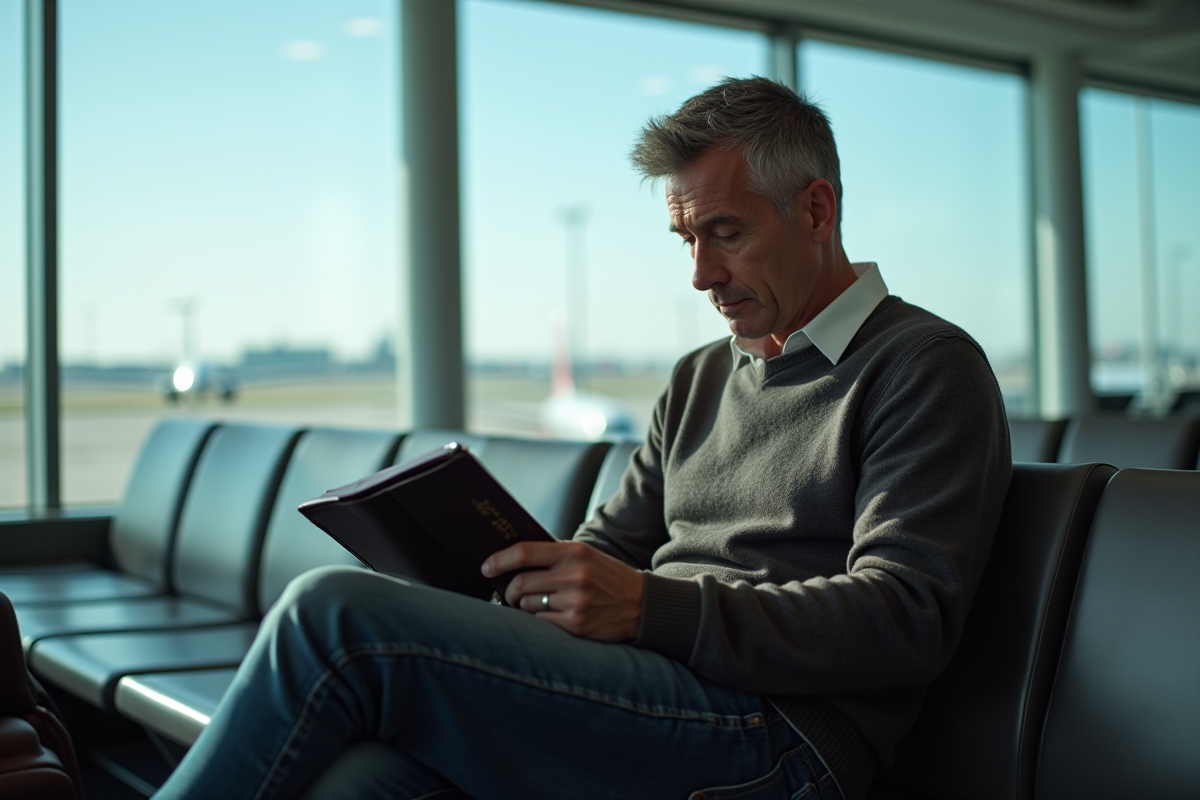 Homme en voyage organisant ses documents dans un aéroport