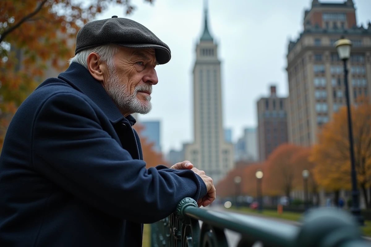Homme en manteau et casquette dans un parc à Manhattan
