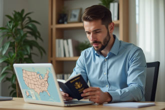 Homme regardant son passeport français avec ordinateur portable