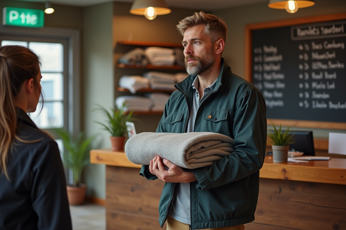 Homme avec couverture à la réception d