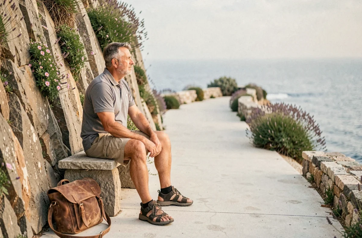 Homme au repos sur un banc de pierre de la Via dell'Amore contemplant la mer de Ligurie avec des fleurs de câpriers sur la falaise