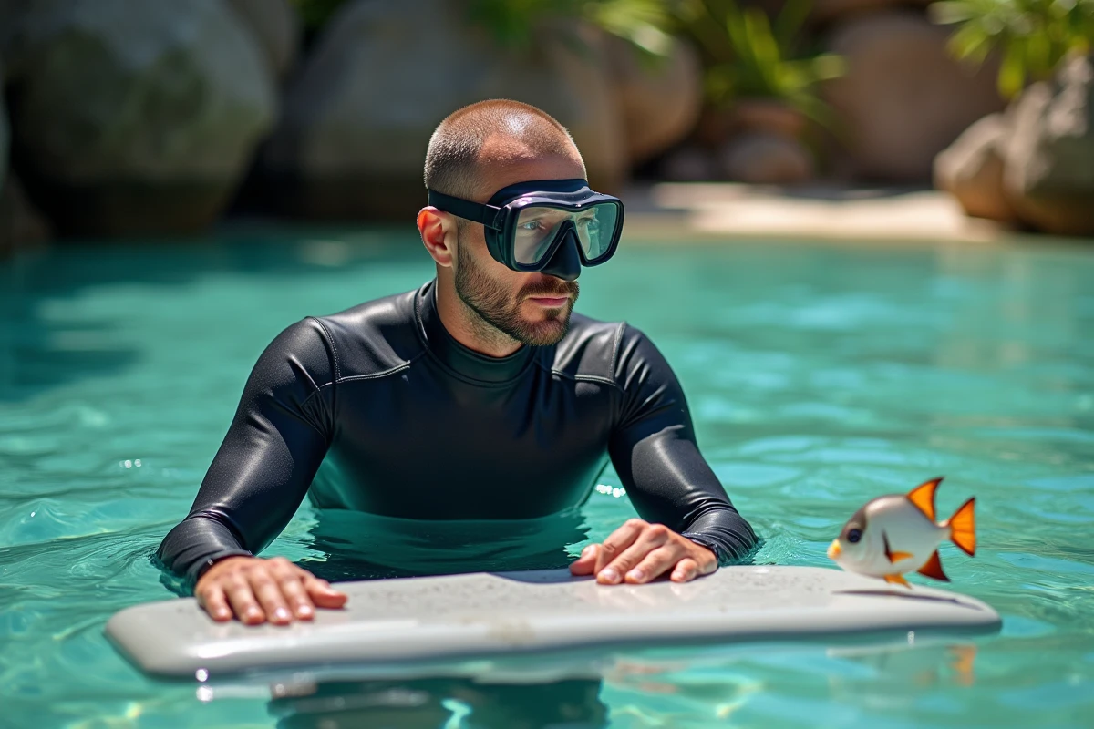 Homme en combinaison de plongée observant poissons colorés