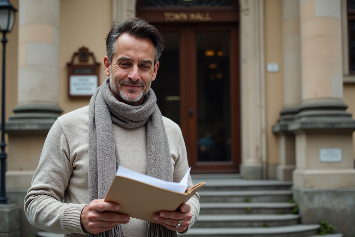 Homme vérifiant ses papiers devant une mairie européenne