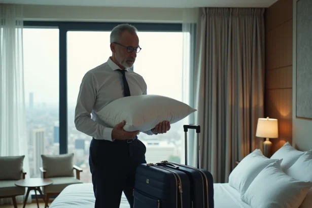 Homme d'affaires surpris vérifiant sa valise dans une chambre d'hôtel moderne