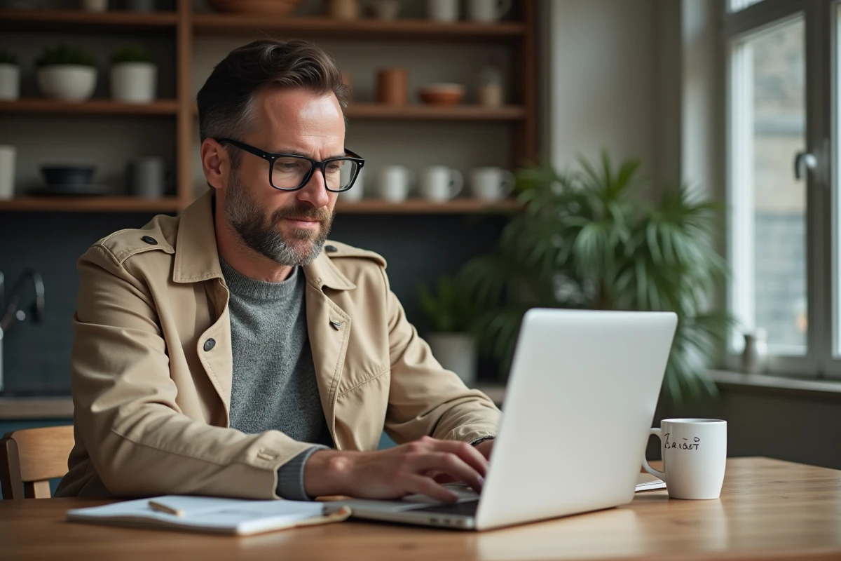 Homme au domicile planifiant son voyage en train