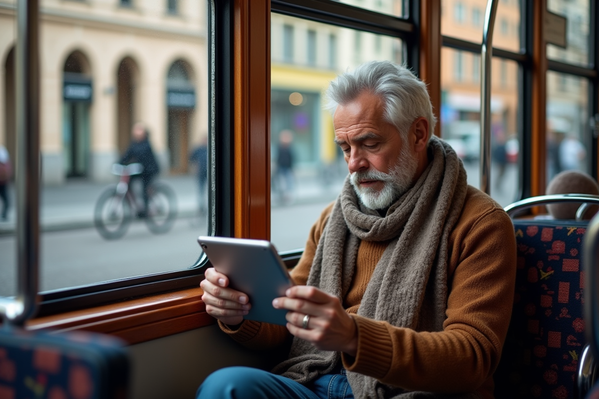 Homme regardant une carte sur tablette dans tram urbain