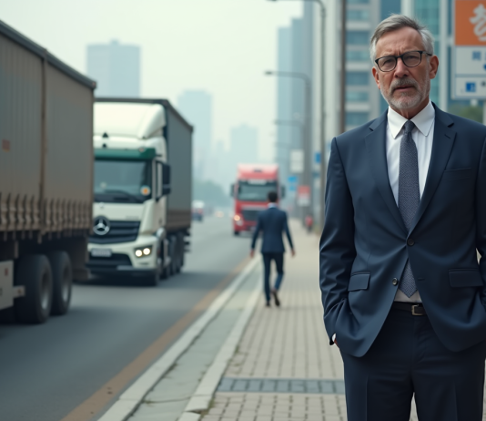 Transports polluants : quel est leur impact sur l’environnement ? Homme d'âge moyen en costume regardant la circulation urbaine