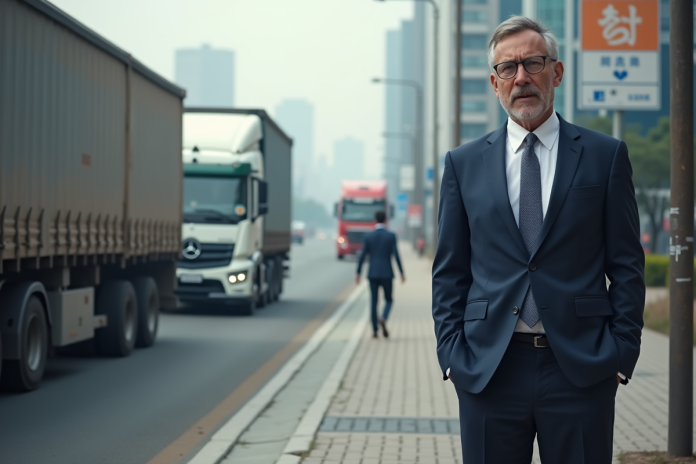 Homme d'âge moyen en costume regardant la circulation urbaine