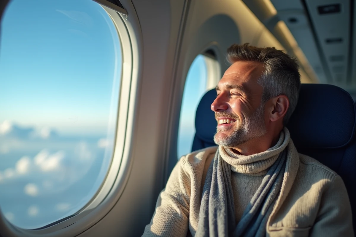 Homme souriant regardant le ciel bleu depuis un avion en vol