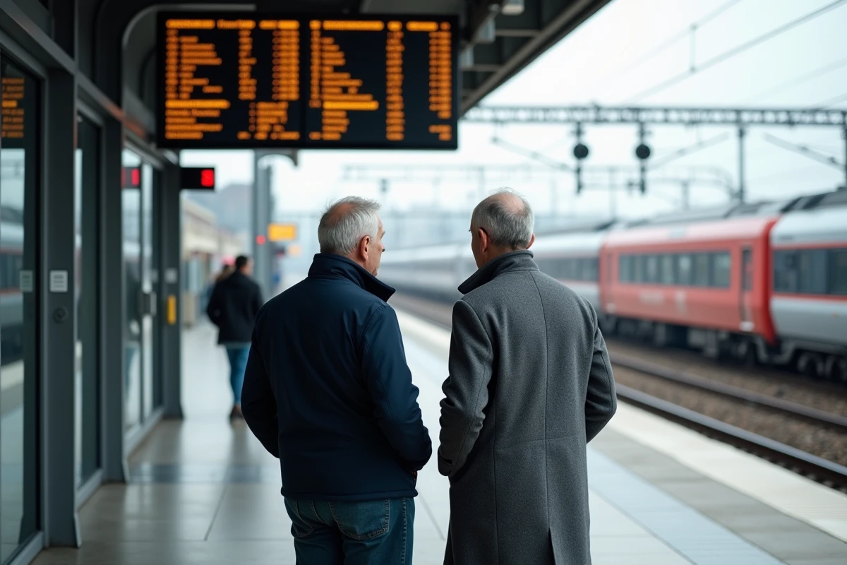 Deux hommes regardent le tableau des départs à la gare Lille