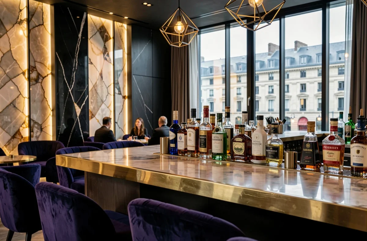 Bar lounge moderne et luxueux de l'Hôtel Barrière Lille avec panneaux en onyx et mobilier en velours