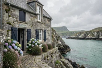 Petit hôtel en pierre bretonne caché au bord d'une crique isolée avec des falaises de granit et une végétation sauvage