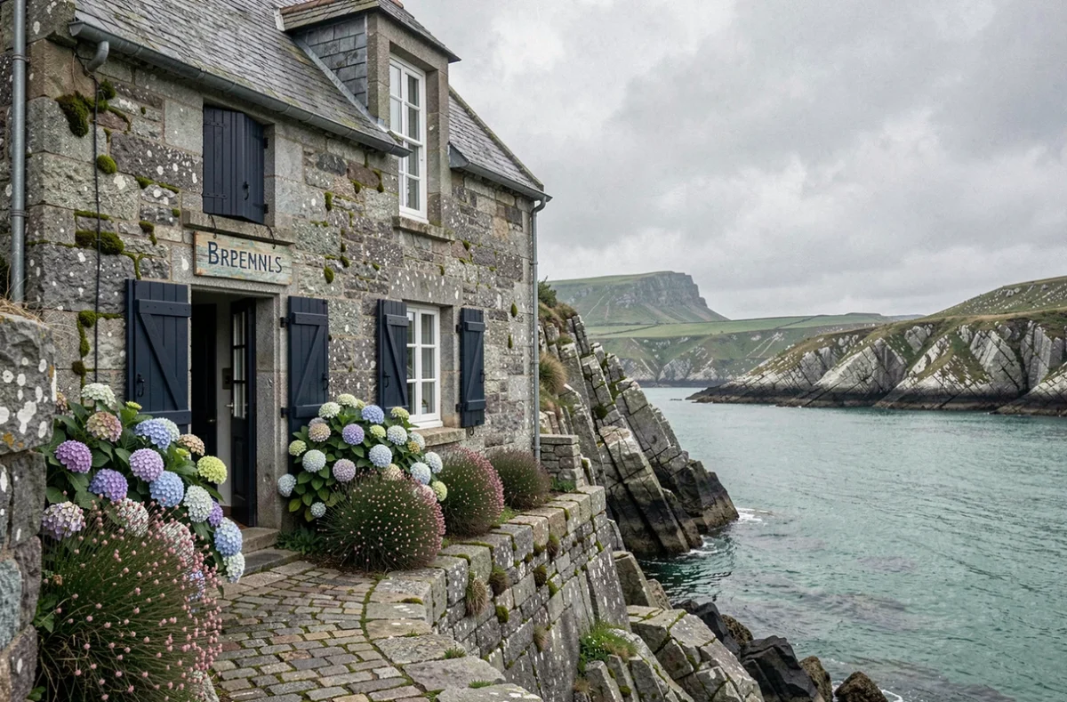 Petit hôtel en pierre bretonne caché au bord d'une crique isolée avec des falaises de granit et une végétation sauvage