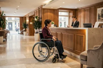 Hall d'entrée d'un hôtel accessible PMR au centre-ville de Dijon avec une femme en fauteuil roulant à la réception
