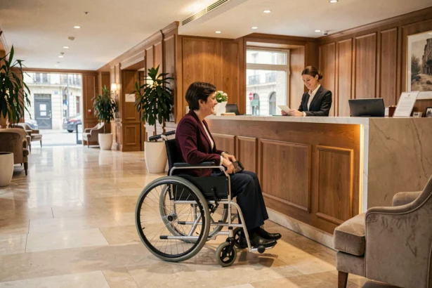 Hall d'entrée d'un hôtel accessible PMR au centre-ville de Dijon avec une femme en fauteuil roulant à la réception