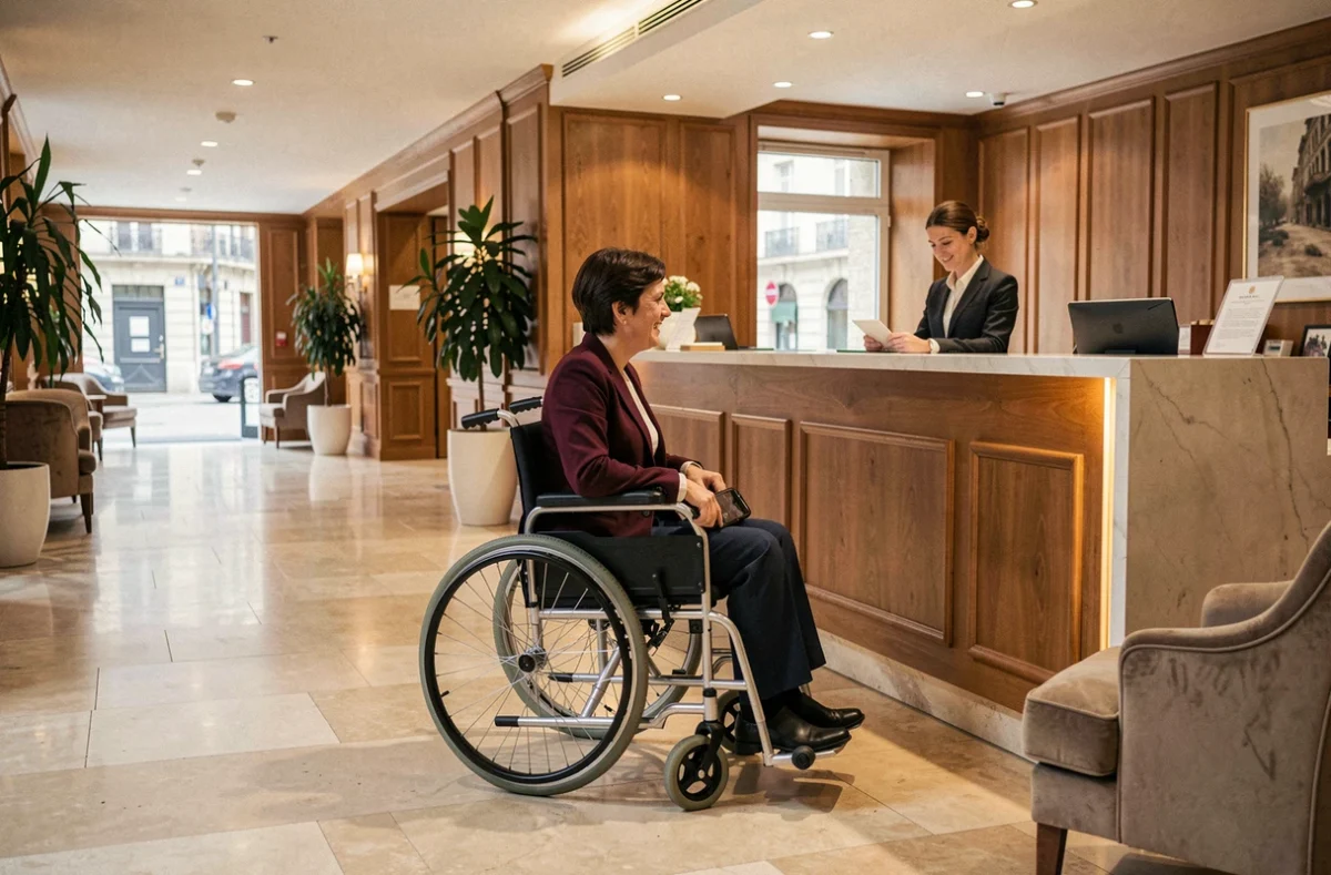 Hall d'entrée d'un hôtel accessible PMR au centre-ville de Dijon avec une femme en fauteuil roulant à la réception