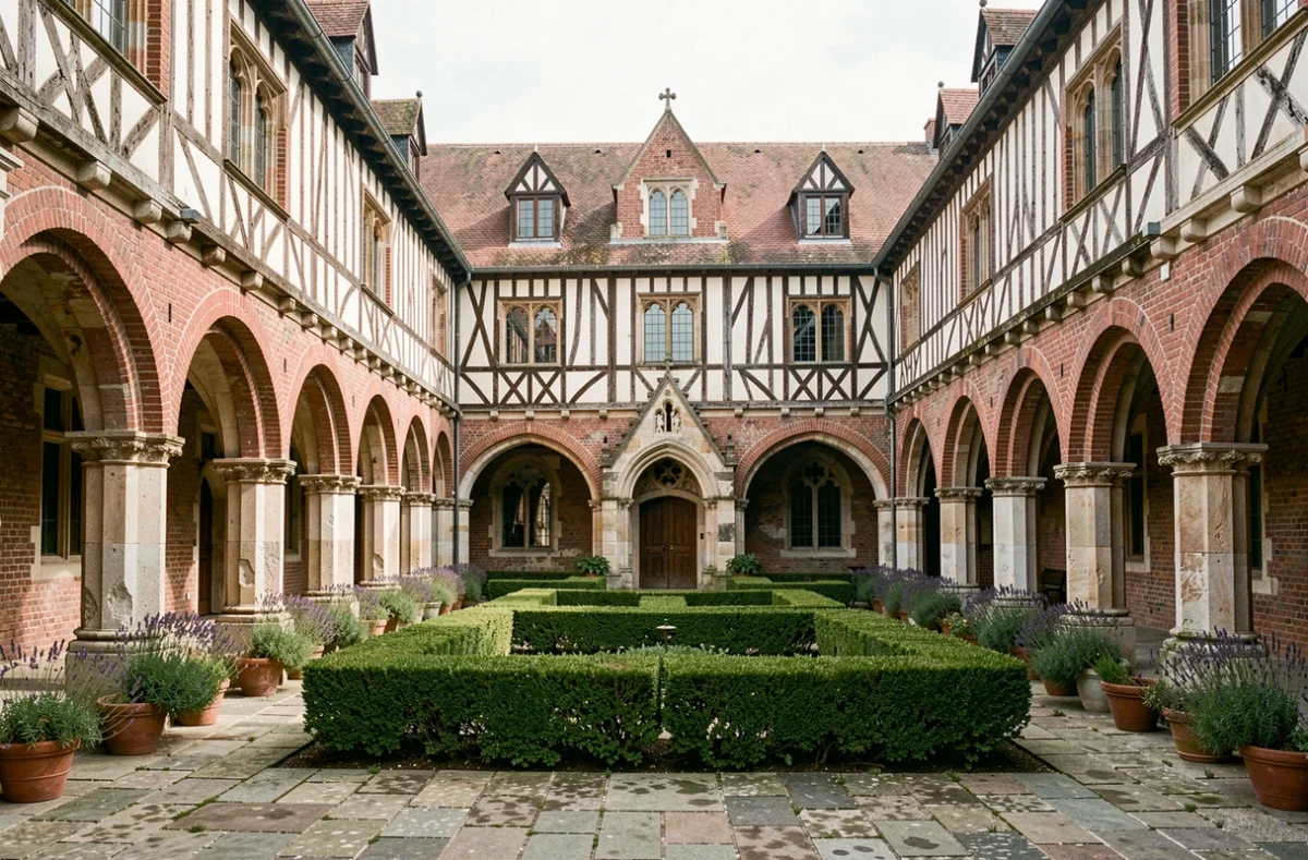 Cour intérieure historique à arcades de l'Hôtel L'Hermitage Gantois à Lille, ancienne hospice flamande