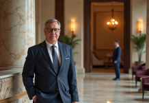 Homme élégant en costume dans un lobby luxueux d'hôtel