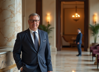 Hôtels 7 étoiles : les adresses de prestige à travers le monde Homme élégant en costume dans un lobby luxueux d'hôtel