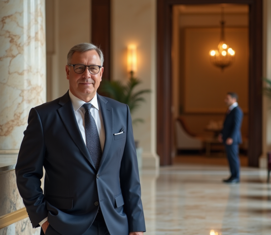 Homme élégant en costume dans un lobby luxueux d'hôtel