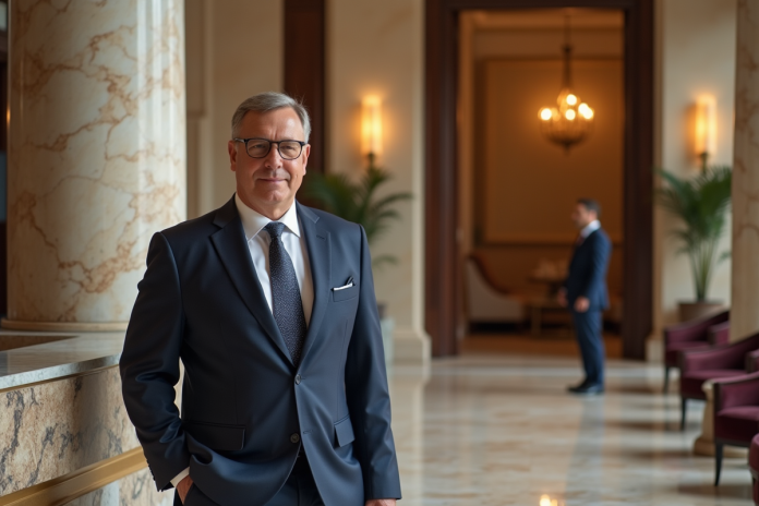 hotel-lobby-homme-elegant Homme élégant en costume dans un lobby luxueux d'hôtel