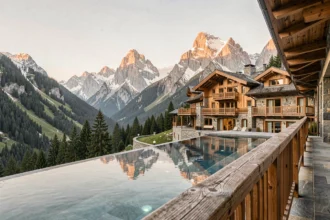 Vue panoramique d'un hôtel de luxe alpin en Auvergne-Rhône-Alpes avec architecture en pierre et bois face aux sommets enneigés
