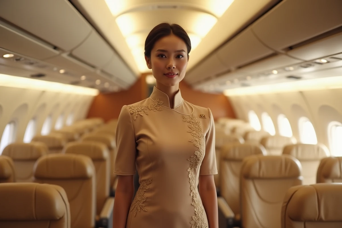 Hôtesse de l'air Etihad Airways dans la cabine business class d'un avion long-courrier