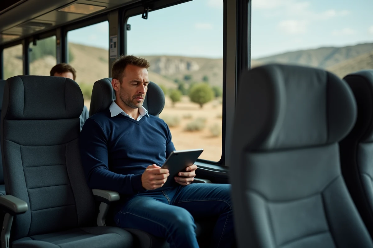 Passager lisant une tablette dans un bus confortable entre Marseille et Aix-en-Provence avec vue sur la campagne provençale