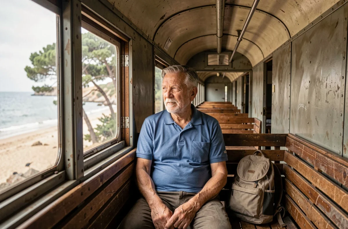 Voyageur assis dans un wagon du train Corse regardant le paysage côtier par la fenêtre entre Île-Rousse et Calvi