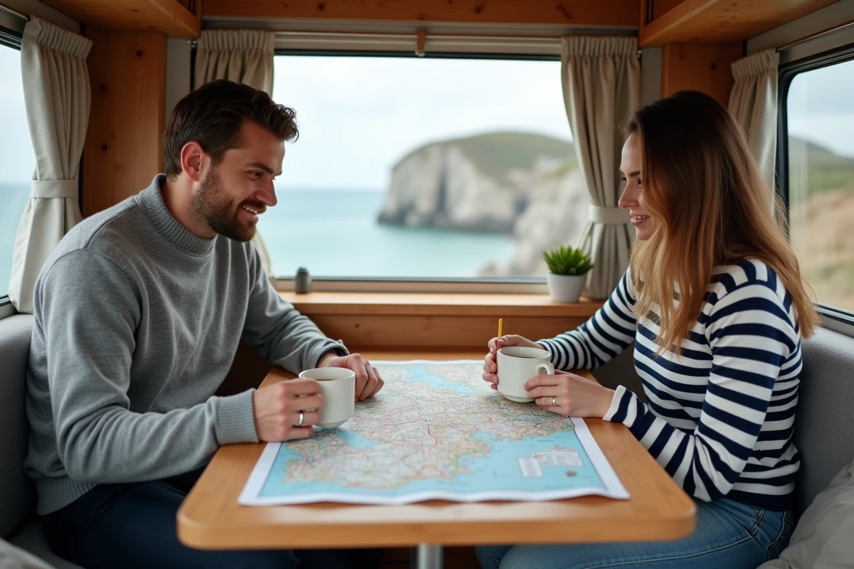 Couple étudiant une carte de Normandie à l'intérieur d'un van aménagé avec vue sur les falaises côtières