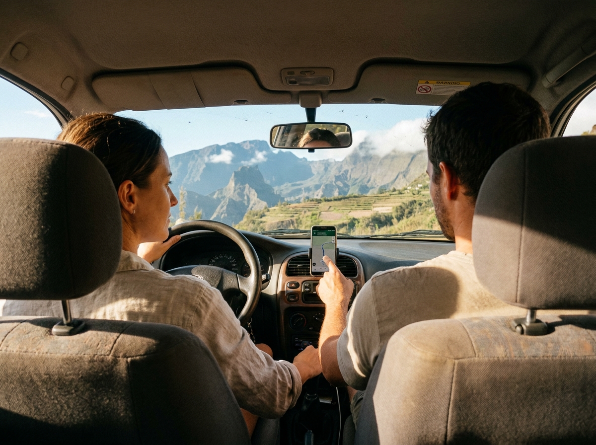 Intérieur d'une voiture de location à La Réunion avec vue sur le Cirque de Cilaos depuis le pare-brise, conductrice consultant son GPS