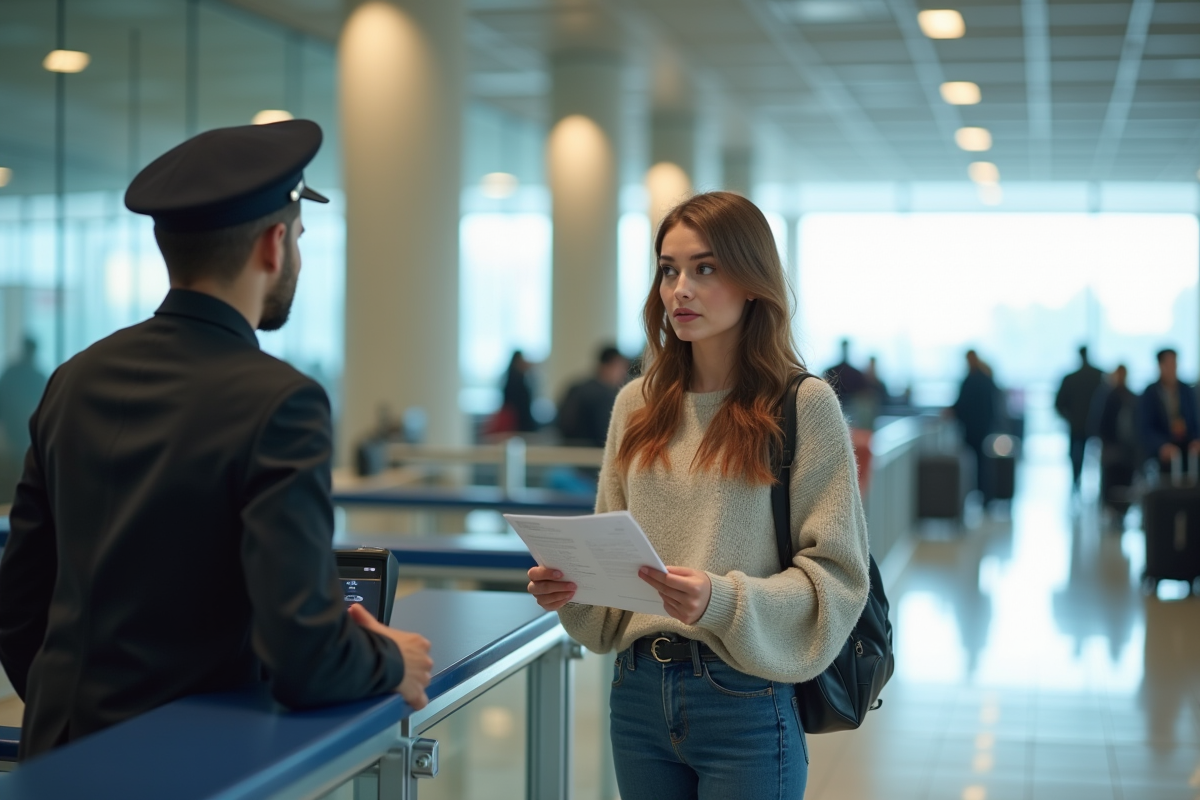 Jeune femme à l'aéroport avec documents de voyage