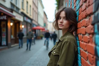Jeune femme dans Berlin Friedrichshain devant un mur graffiti