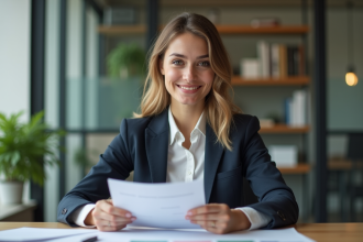 Jeune femme en blazer examinant des documents au bureau