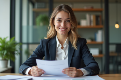 Jeune femme en blazer examinant des documents au bureau