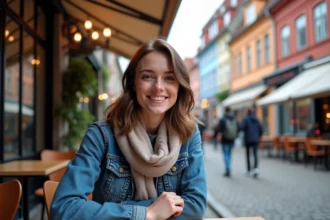 Jeune femme souriante dans un café en ville moderne